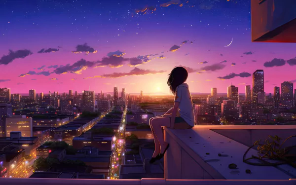 HD desktop wallpaper featuring an anime girl sitting on a rooftop, overlooking a vibrant cityscape during a serene sunset with a lofi aesthetic.