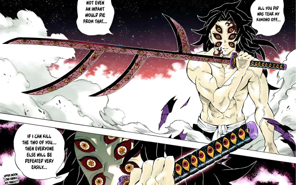 HD PC desktop wallpaper featuring a dramatic scene from the anime Demon Slayer: Kimetsu no Yaiba, showcasing a fierce demon character wielding a unique sword.