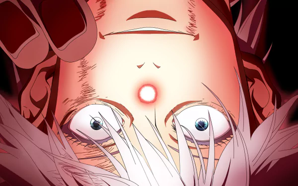 HD PC desktop wallpaper featuring an intense close-up of Satoru Gojo from the anime Jujutsu Kaisen with vibrant colors and dynamic lighting.