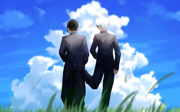4K Ultra HD anime wallpaper featuring Satoru Gojo and Suguru Geto from Jujutsu Kaisen standing together under a bright blue sky with fluffy clouds.