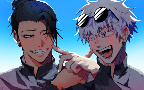 Anime characters Satoru Gojo from Jujutsu Kaisen share a playful moment, depicted in vibrant colors, showcasing their dynamic personalities in this HD desktop wallpaper.