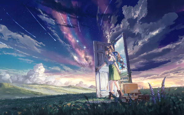 Anime-style 4K Ultra HD wallpaper featuring Suzume Iwato from Suzume no Tojimari standing by an open door under a vibrant, star-filled sky in a vast field.