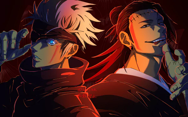 Vibrant 8K Ultra HD wallpaper featuring Satoru Gojo and Suguru Geto from the anime Jujutsu Kaisen, showcasing dynamic lighting and intense expressions.