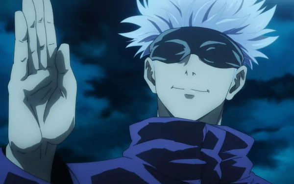 HD PC desktop wallpaper featuring a confident character from the anime Jujutsu Kaisen with white hair, dark sunglasses, and a raised hand against a night sky.