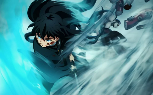 HD desktop wallpaper of an intense action scene from Demon Slayer: Kimetsu no Yaiba, featuring a character with black hair and vibrant blue water effects swirling around them.