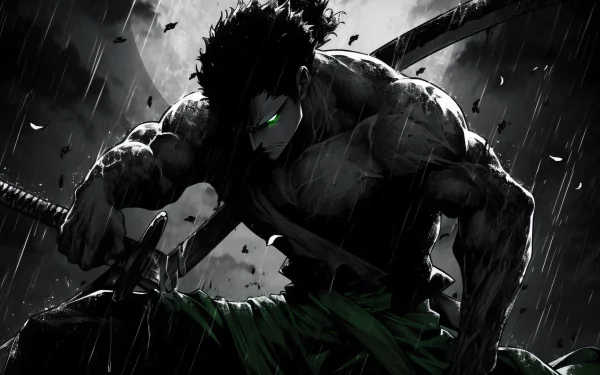 HD desktop wallpaper featuring Roronoa Zoro from One Piece, depicted in a dark, intense style with a rain-drenched backdrop.
