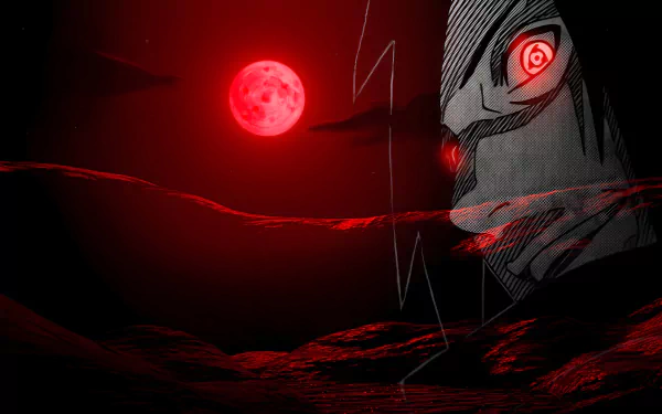 HD desktop wallpaper of Madara Uchiha from Naruto, featuring a dark anime theme with a red moon in the background and intense red and black tones.