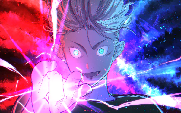 Vivid 4K Ultra HD anime wallpaper featuring Satoru Gojo from Jujutsu Kaisen, showcasing intense blue and red energy with glowing eyes and dynamic pose.