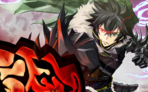 HD wallpaper of Naofumi Iwatani from 'The Rising of the Shield Hero', featuring the character in a dynamic pose with his shield ignited.