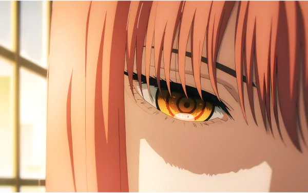 Close-up of Makima from Chainsaw Man anime, showcasing her intense amber eye and pink hair in stunning 8K Ultra HD detail for PC desktop wallpaper.