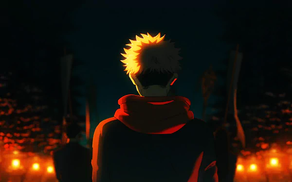 4K Ultra HD anime wallpaper featuring Yuji Itadori from Jujutsu Kaisen, shown from behind with glowing orange hair and a red scarf in a dark, fiery setting.