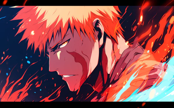 HD anime wallpaper featuring Ichigo Kurosaki from Bleach, depicted in vibrant colors with a dynamic, fiery background.