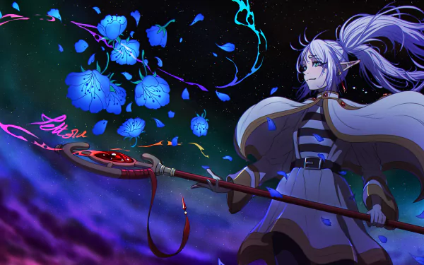 4K Ultra HD anime wallpaper featuring Frieren from Frieren: Beyond Journey's End, showcasing her with glowing blue flowers and a staff against a dark, mystical background.