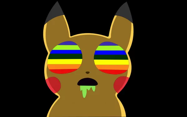 Trippy HD wallpaper featuring a colorful, cartoonish Pikachu with striped, vibrant eyes and a playful expression, blending anime aesthetics with psychedelic elements.