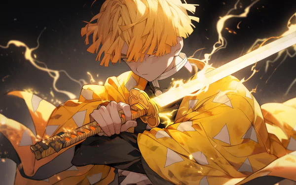 HD desktop wallpaper featuring Zenitsu Agatsuma from Demon Slayer: Kimetsu no Yaiba, poised in battle with lightning effects.