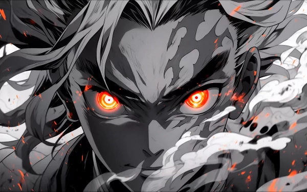 HD wallpaper of Kyojuro Rengoku from Demon Slayer: Kimetsu no Yaiba manga, featuring intense red eyes and dynamic black and white flames.