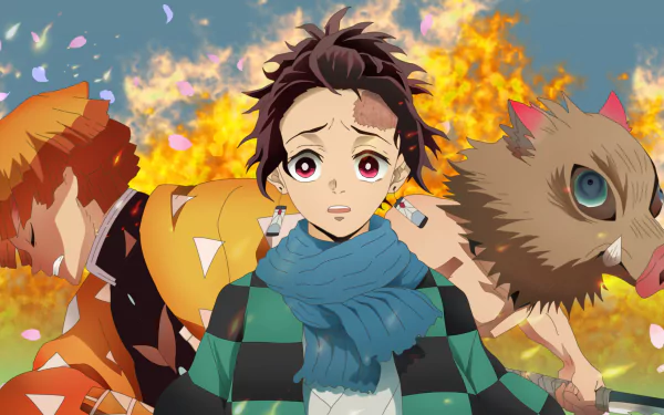 Anime scene from Demon Slayer: Kimetsu no Yaiba featuring Zenitsu Agatsuma, Inosuke Hashibira, and Tanjiro Kamado with vibrant flames in the background, in 8K Ultra HD.