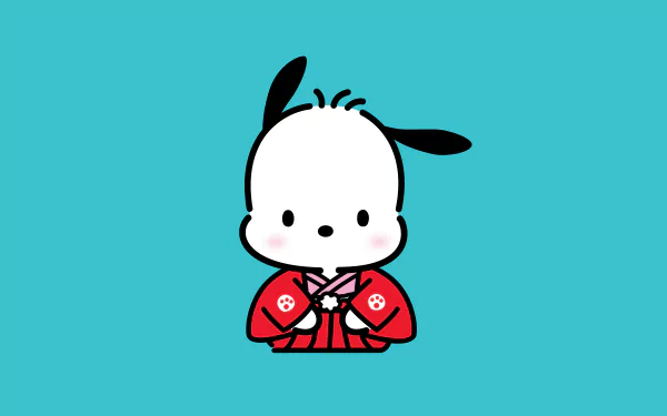 HD wallpaper featuring Pochacco, the anime-style character, dressed in traditional red clothing against a teal background for desktop and background use.