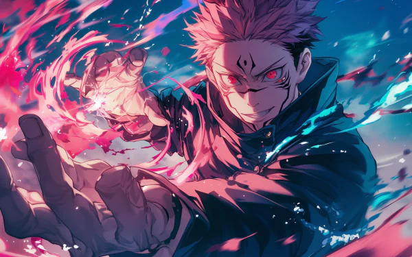 HD wallpaper featuring Sukuna from Jujutsu Kaisen, showcasing vibrant colors and dynamic action as he extends his hand, surrounded by swirling energy.