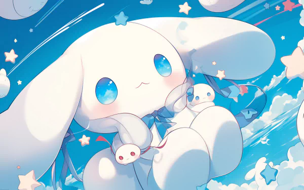 HD desktop wallpaper featuring the anime character Cinnamoroll from Sanrio, set against a whimsical blue sky with stars and clouds.
