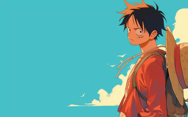Anime-inspired HD wallpaper featuring Monkey D. Luffy from One Piece, standing against a bright blue sky with clouds, exuding a sense of adventure and determination.