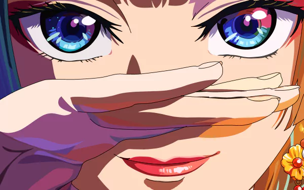 Close-up HD anime wallpaper of Maomao from The Apothecary Diaries, featuring vibrant eyes and detailed facial expression on a PC desktop background.