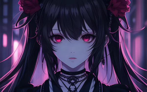 HD anime desktop wallpaper featuring a dark-haired anime idol girl with glowing pink eyes and intricate accessories, set against a neon-lit background.