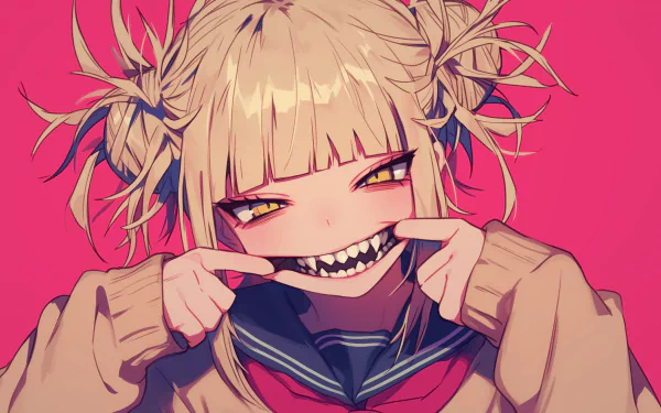 HD Anime Wallpaper featuring Himiko Toga from My Hero Academia with a mischievous smile on a vibrant pink background.
