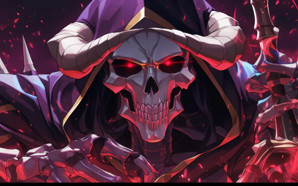 HD desktop wallpaper featuring the animated character Ainz Ooal Gown from the anime Overlord, depicted with a skull face, glowing red eyes, and a dark, mystical background.