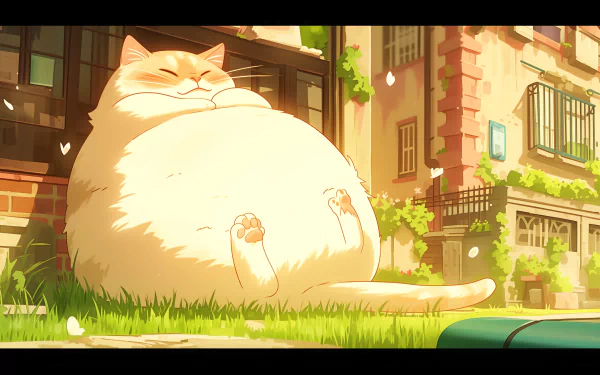 HD anime desktop wallpaper featuring a large, content cat basking in the sun on a lush street.