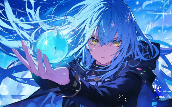 HD desktop wallpaper of Rimuru Tempest from That Time I Got Reincarnated as a Slime, showcasing the character with vibrant blue hair and a glowing orb in hand.