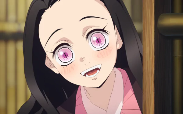 HD anime desktop wallpaper featuring Nezuko Kamado from Demon Slayer: Kimetsu no Yaiba with bright pink eyes and a gentle smile.