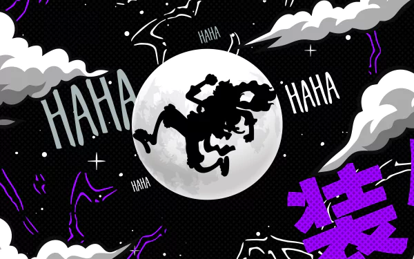 An 8K Ultra HD anime wallpaper featuring Monkey D. Luffy in Gear 5 from One Piece, silhouetted against a bright full moon with HAHA text and dynamic comic-style elements.
