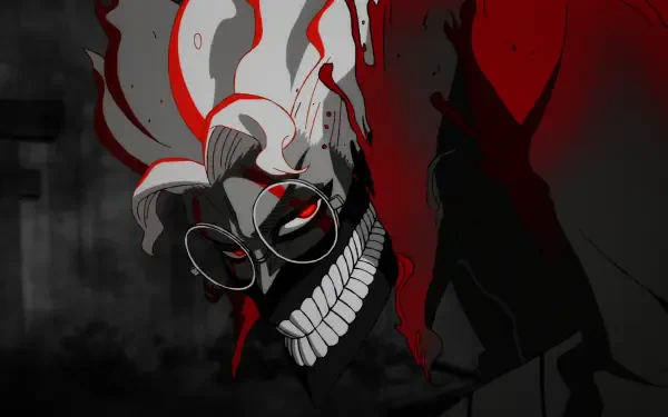 HD anime wallpaper featuring a dark, intense character from Dandadan with white hair, glasses, and a sinister grin, inspired by Ken Takakura's style.