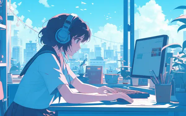 Anime-style girl wearing headphones, focused on a computer in a bright, lofi-inspired workspace with a cityscape outside the window. 4K Ultra HD desktop wallpaper.