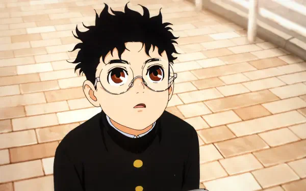 Anime character from Dandadan, featuring a boy with glasses and spiky black hair, gazing upward in a tiled setting. A vibrant 4K Ultra HD wallpaper for desktop backgrounds.