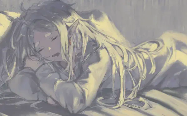 Anime-style 4K Ultra HD wallpaper depicting Frieren from Frieren: Beyond Journey's End peacefully sleeping, rendered in soft, muted tones for PC desktop backgrounds.