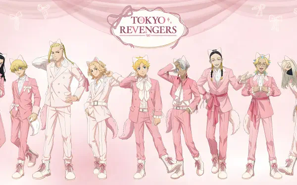 Anime-style Tokyo Revengers characters stand in a line wearing pink suits against a soft pink background, designed as a 4K Ultra HD PC desktop wallpaper.