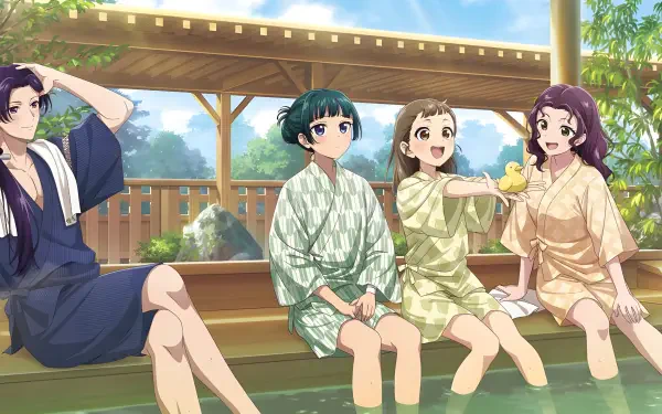 Anime-style 4K Ultra HD wallpaper featuring four characters from The Apothecary Diaries relaxing together in a serene outdoor setting.