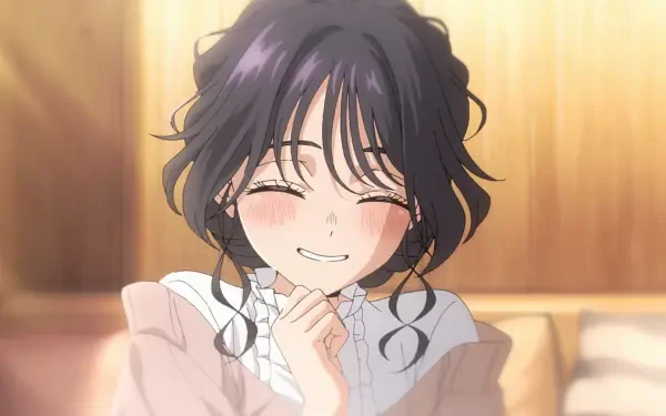 Anime HD desktop wallpaper featuring Kaoruko Waguri from The Fragrant Flower Blooms With Dignity, smiling warmly with closed eyes against a softly lit background.