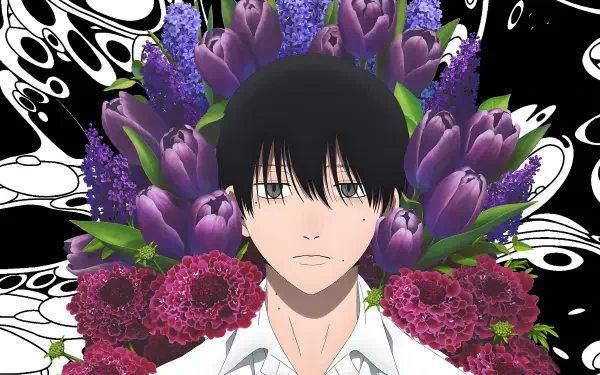 Anime 4K Ultra HD PC wallpaper/background — The Summer Hikaru Died by Tsujinaka Yoshiki: black‑haired youth in a white shirt framed by purple flowers on a stylized black-and-white backdrop.