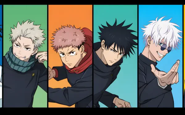 Anime Jujutsu Kaisen 5K Ultra HD PC desktop wallpaper and background featuring four characters posed in bold vertical panels — pink-, black-, white- and blond-haired figures.