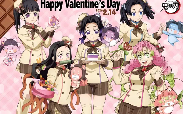 Anime 4K Ultra HD PC desktop wallpaper/background: Demon Slayer: Kimetsu no Yaiba heroines (Shinobu, Mitsuri, Nezuko, Kanao, etc.) in school uniforms sharing Valentine's Day sweets.