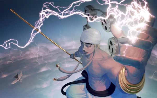 HD wallpaper features Enel from One Piece, showcasing his powers with a dramatic lightning background in an anime style. Enel is depicted with his signature staff and drums, above the clouds.
