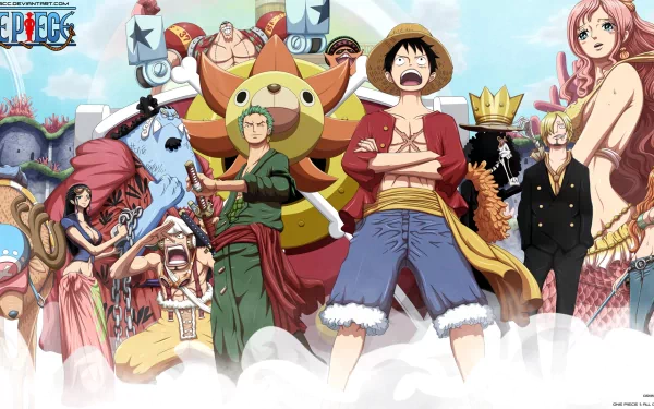 HD desktop wallpaper featuring characters from One Piece, including Luffy, Zoro, Nami, Sanji, Chopper, Brook, Franky, Jinbe, Usopp, Nico Robin, Shirahoshi, Pappug, and Sunny, set against a vibrant background.