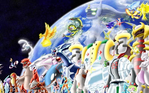 HD desktop wallpaper and background featuring various iconic Pokémon against a backdrop of Earth and space. The colorful and dynamic anime-style image captures numerous legendary and mythical Pokémon.