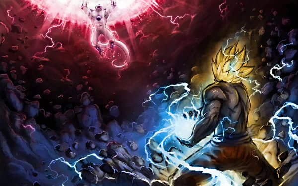 Goku in Super Saiyan 2 faces off against Frieza in a dramatic battle scene, depicted in vivid HD. Electric energy and intense colors highlight this epic moment from Dragon Ball Z.