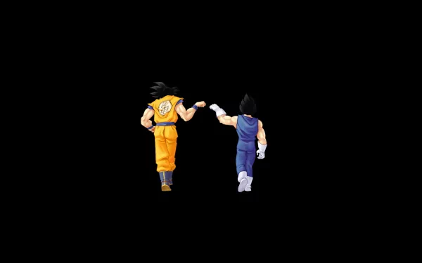 Anime wallpaper from Dragon Ball Z featuring two characters, one in orange and the other in blue, walking away with clenched fists raised together on a black background.