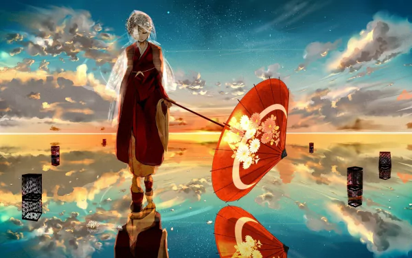 HD wallpaper featuring Rin Kagamine in a traditional costume holding a lantern and umbrella, standing on water with reflections, against a vibrant sunset sky with clouds.