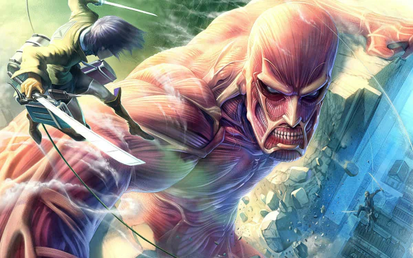 HD desktop wallpaper featuring Eren Yeager in his Titan form from the anime Attack on Titan, depicted in dynamic combat.